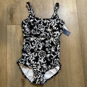 Lands End One Piece Bathing Suit Black/White Etched Scroll UPF‎ 50 Size 6 NEW